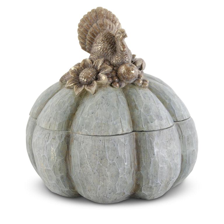 12.25 Inch Green Carved Resin Pumpkin Container w/Gold