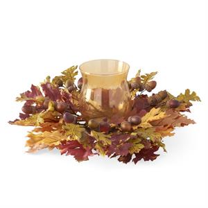 18 inch Multi Color Fall Oak Leaves Candle Ring w/Amber Glass