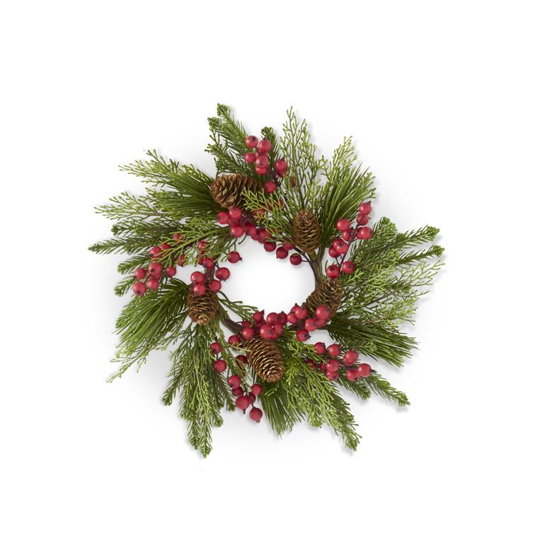 12 Inch Pine Cedar Mix & Red Berries Candle Ring