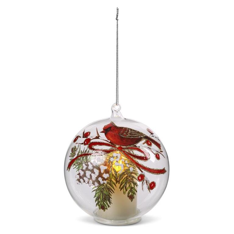 4 Inch Round Clear Glass Cardinal & Pinecone LED Orn