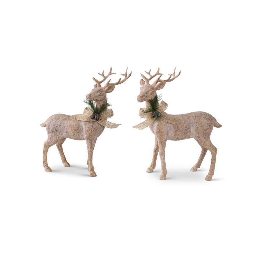 11 Inch Resin Natural Wood Reindeer w/Bow Assorted