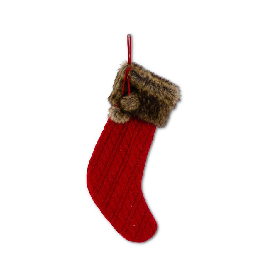 19 Inch Red Cable Knit Stocking w/Brown Fur Trim