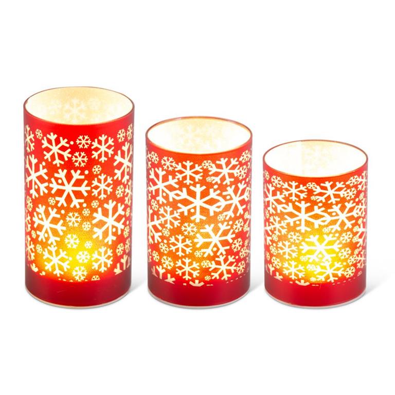 Matte Red LED Glass Candles w/Snowflake