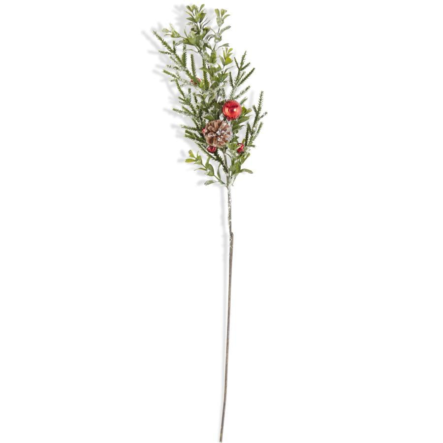 25 Inch Snowy Leaf Stem w/Red Bells & Pinecone