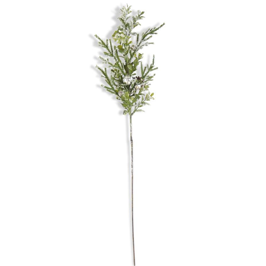 25" Snowy Leaf Stem w/Silver Bells and Pinecones