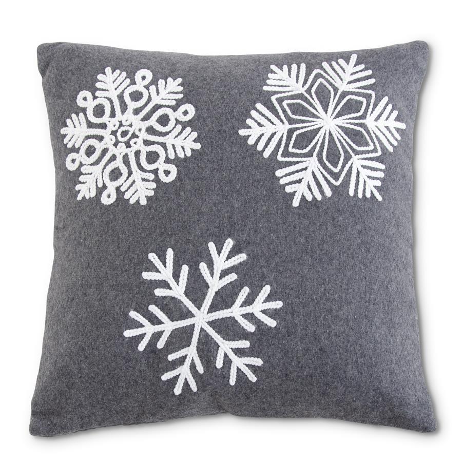 18 Inch Square Gray Felt Pillow w/Embroidered Snowflakes