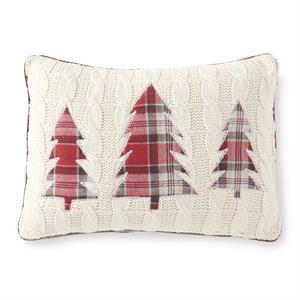 14 Inch Cream Cable Knit Pillow w/3 Plaid Trees