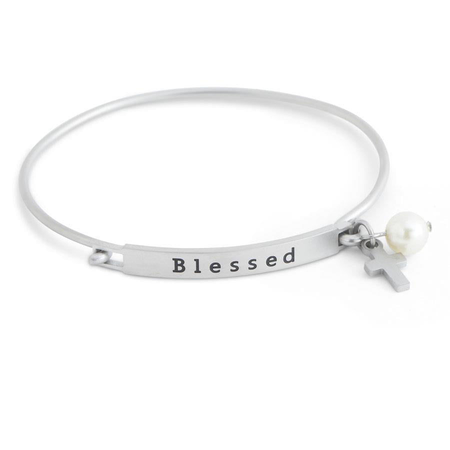 Matte Stainless Steel Blessed Hook Bangle Bracelet w/Cross Pearl Drop