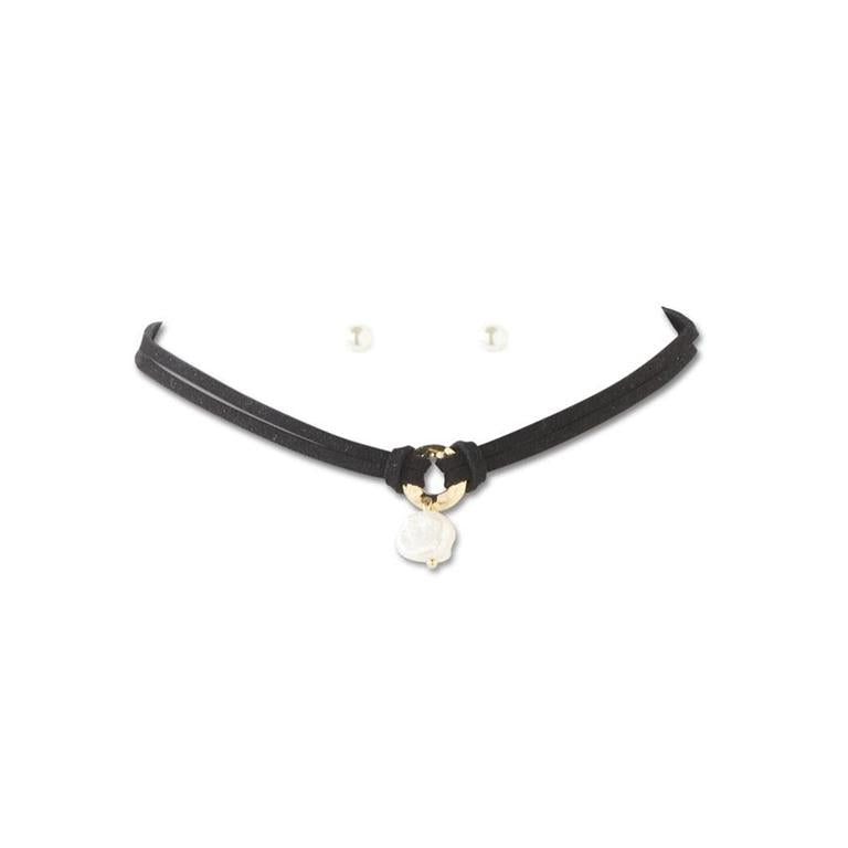 Black Suede w/Freshwater Pearl Choker Necklace Set