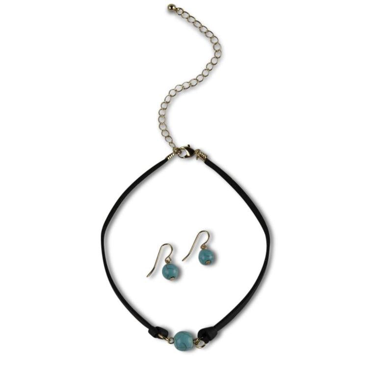 Leather Choker Necklace w/Turquoise Bead and Earring