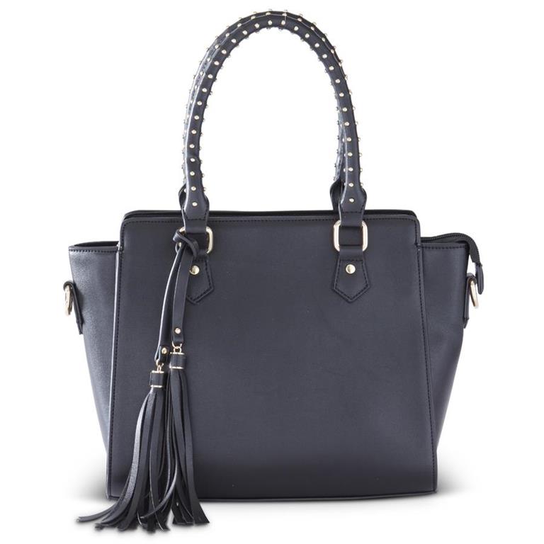 Black Vegan Leather Handbag w/Tassels