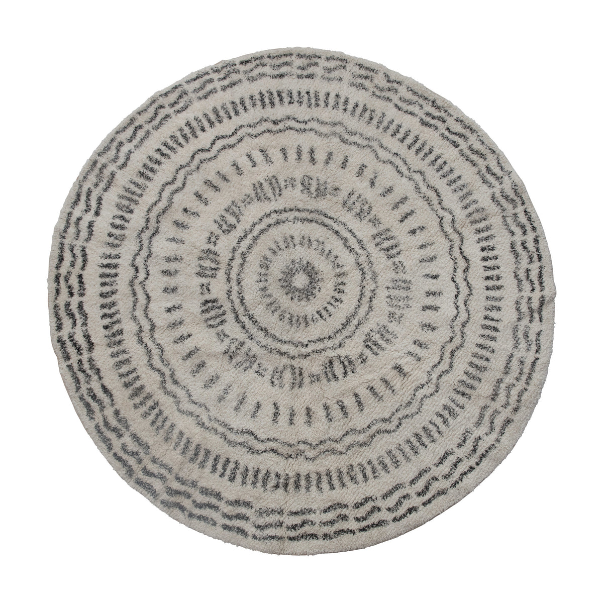 Round Cotton Tufted Rug, Ivory with Black Pattern