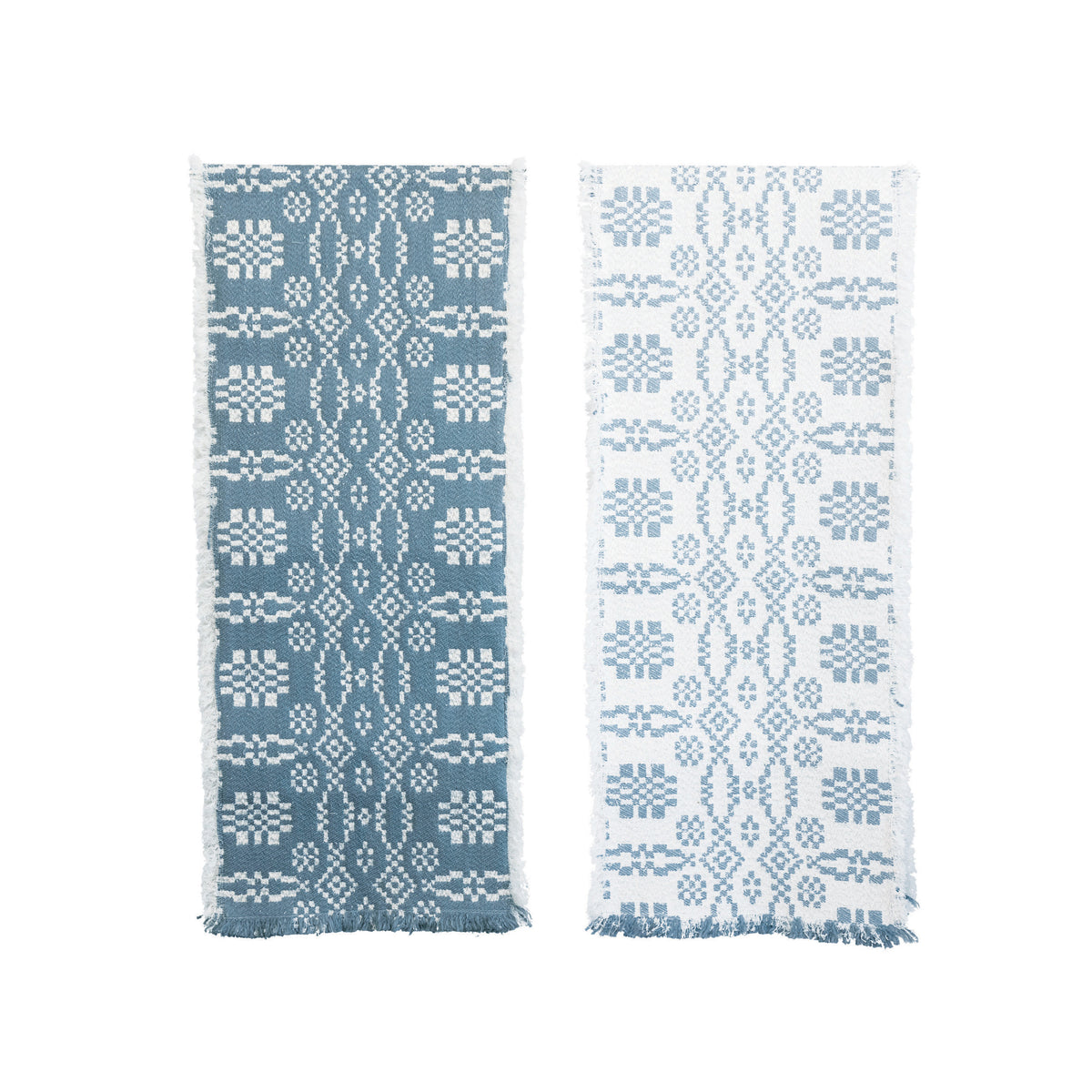 Woven Cotton Two-Sided Jacquard Table Runner with Frayed Edges