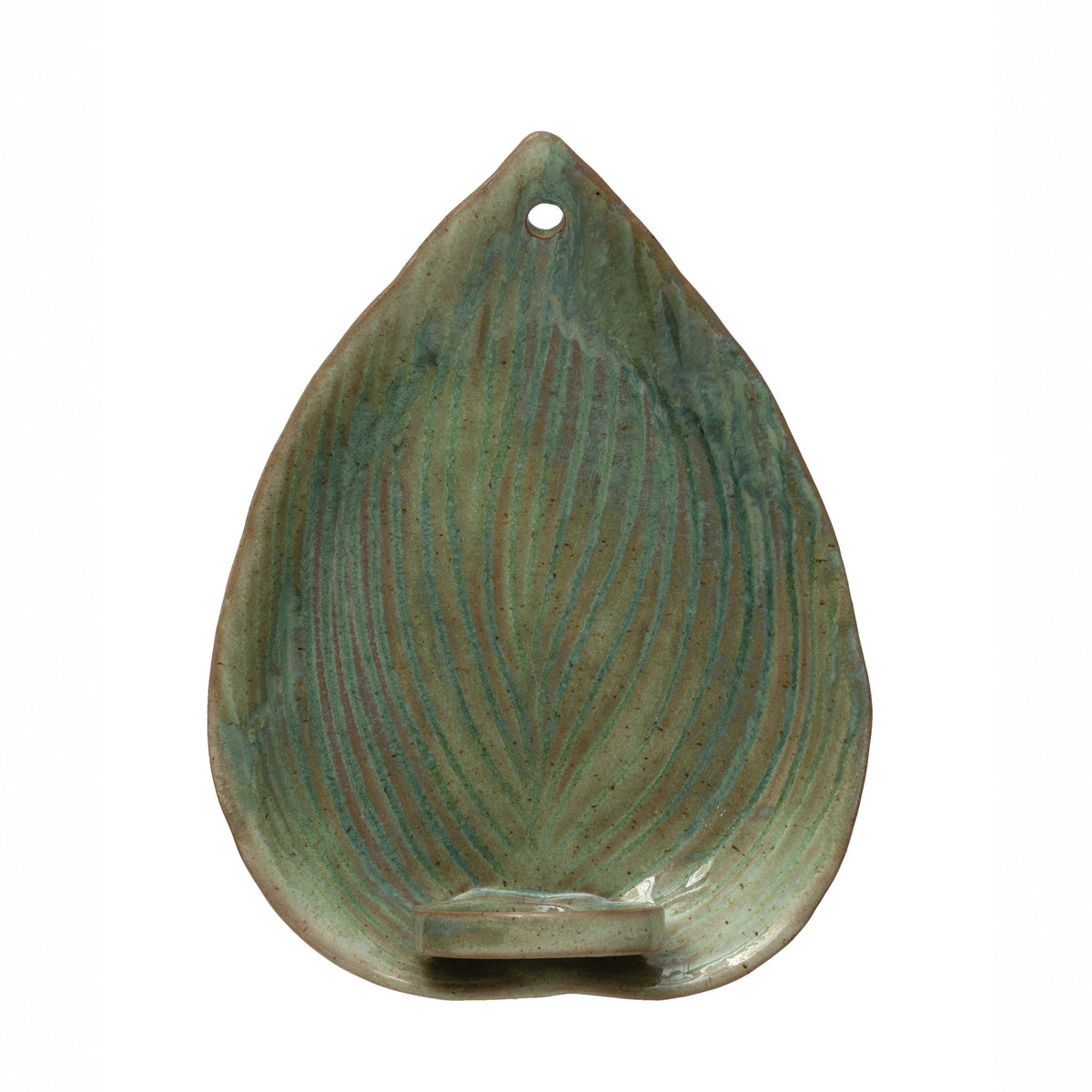 8.75"H Stoneware Leaf Candle Holder Wall Sconce, Green Reactive Glaze