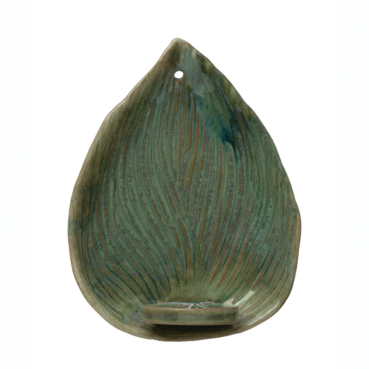 11.75"H Stoneware Leaf Candle Holder Wall Sconce, Green Reactive Glaze