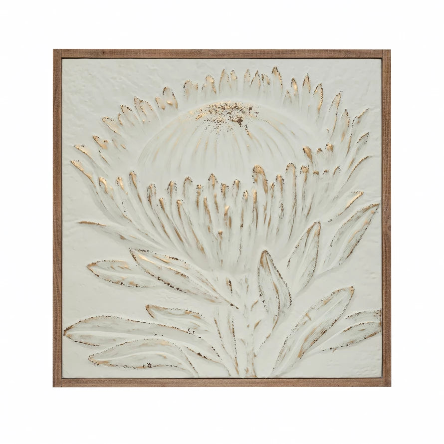 Wood Framed Metal Wall Decor with Embossed Protea, Antique White