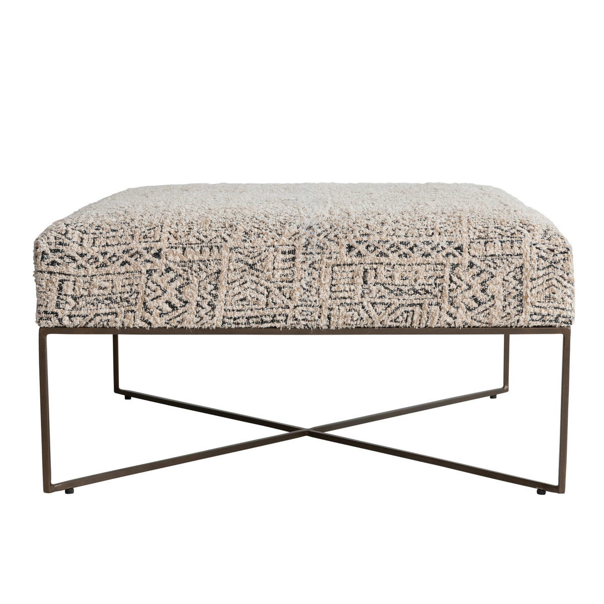 Metal & Woven Damask Upholstered Ottoman, Antique Brass Finish, Cream Color & Black