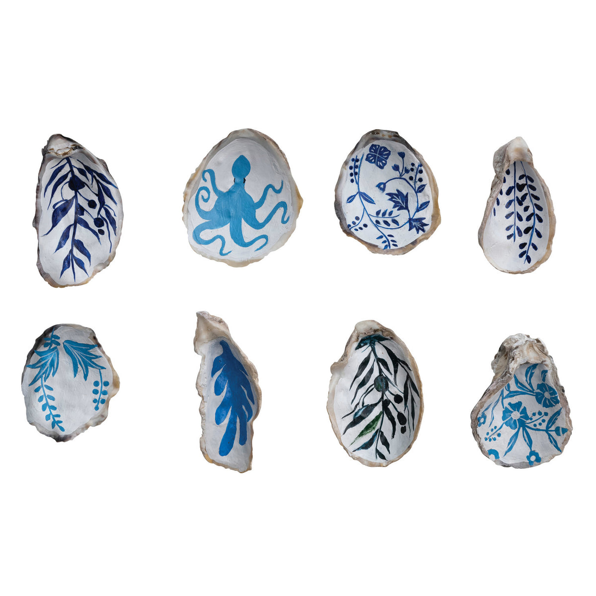 Hand-Painted Oyster Shell, Natural, Blue & White
