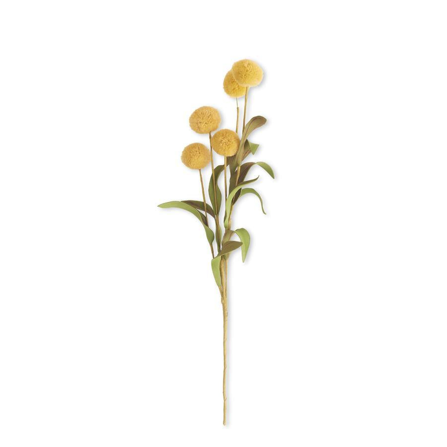 13 INCH YELLOW POMPOM PICK W/GREEN EVA LEAVES BUNDLE (6 STEMS)