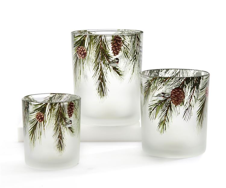 Glass Candle Holder w/Branch & Pinecones