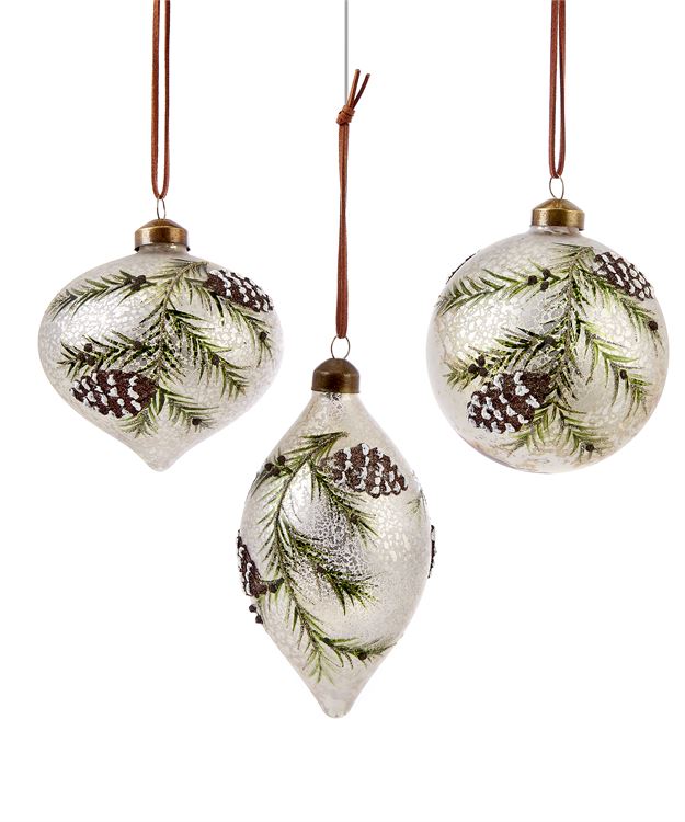 Glass Ornament with Branches & Pinecones, 3 Asst.